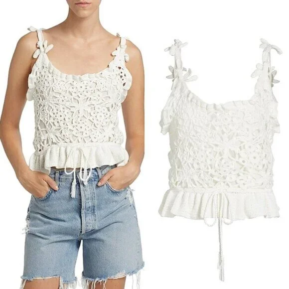 Farm Rio Crochet Peplum Top White Floral Handmade NWT Size XS - Picture 6 of 14